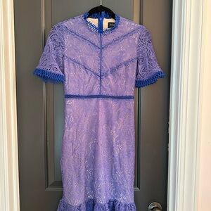 Bardot Lace Midi Dress in Lavender and Blue